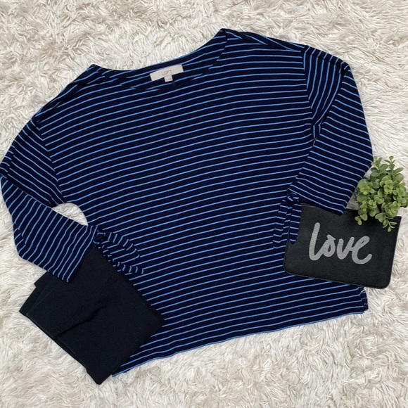 Loft 3/4 Tie Sleeve Stripe Top 💗 Navy & Blue - Picture 2 of 14